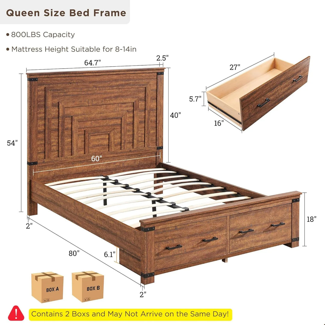 Farmhouse Wood Bed Frame with 54" Tall Headboard, 2 Large Drawers
