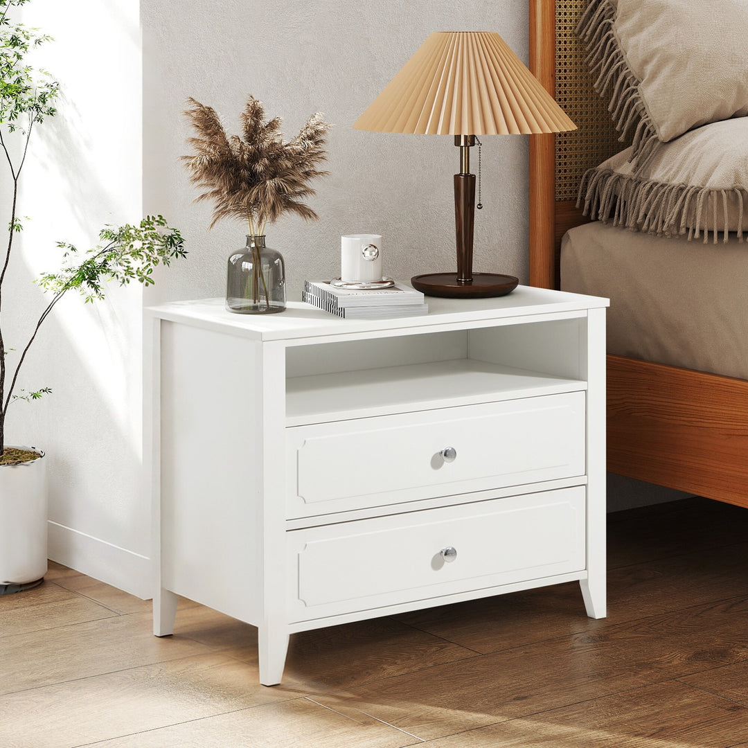 Wide Nightstand – 2‑Drawer Bedside Table with Open Shelf, MDF Wood End Table for Bedroom Living Room