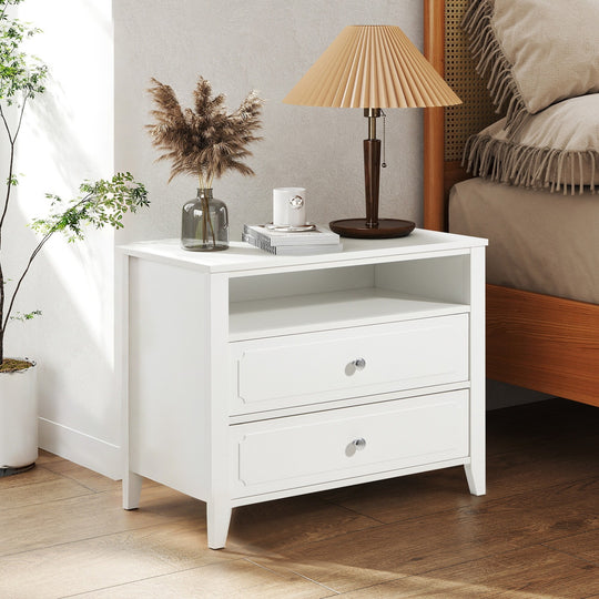 Wide Nightstand – 2‑Drawer Bedside Table with Open Shelf, MDF Wood End Table for Bedroom Living Room