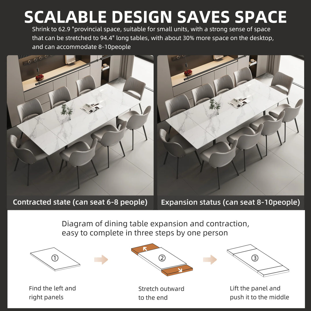 Glossy Slate 63"-95" Extendable Rectangle Dining Table - 94.4"W X 35.4"D X 29.5"H
