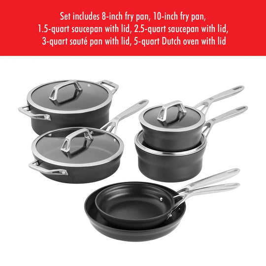 Motion Nonstick Hard-Anodized 10-Piece Cookware Set in Grey, Dutch Oven, Fry Pan, Saucepan - 10-Pc
