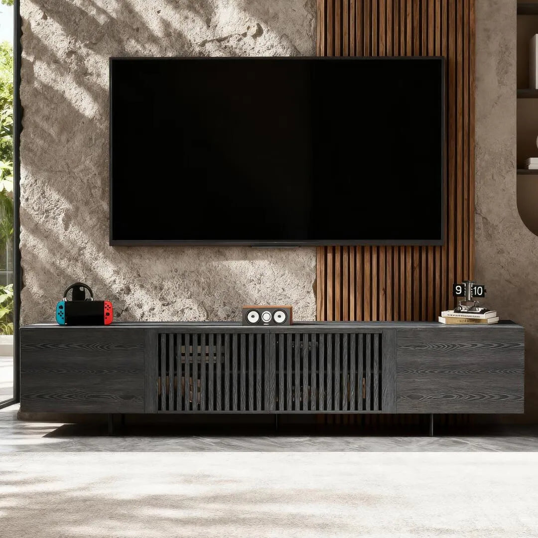 94.48 Inch Extra Long Black TV Stand with Slatted Doors, Modern Entertainment Center for Tvs up to 100 Inches,
