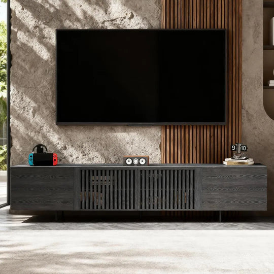 94.48 Inch Extra Long Black TV Stand with Slatted Doors, Modern Entertainment Center for Tvs up to 100 Inches,