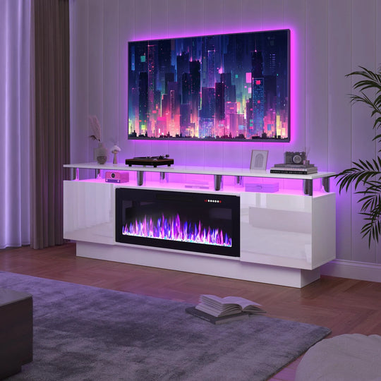 70" Modern Electric Fireplace TV Stand, with Electronic Flame and LED Lights, High Gloss Finish Entertainment Center