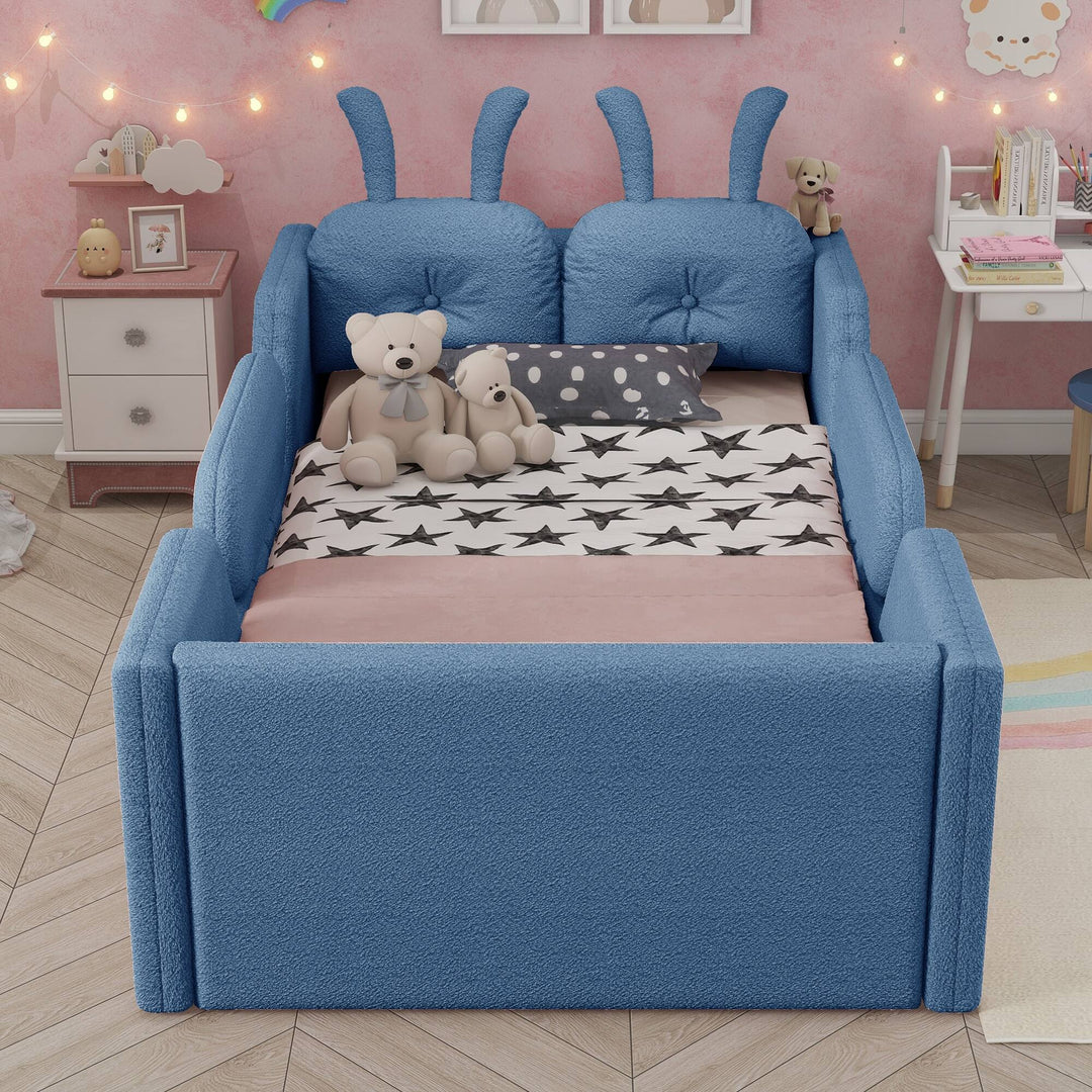 Twin Size Upholstered Platform Bed with Rabbit Cushion, Floor Upholstered Bed with Removable Side Rails