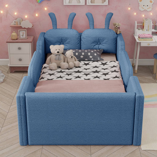 Twin Size Upholstered Platform Bed with Rabbit Cushion, Floor Upholstered Bed with Removable Side Rails