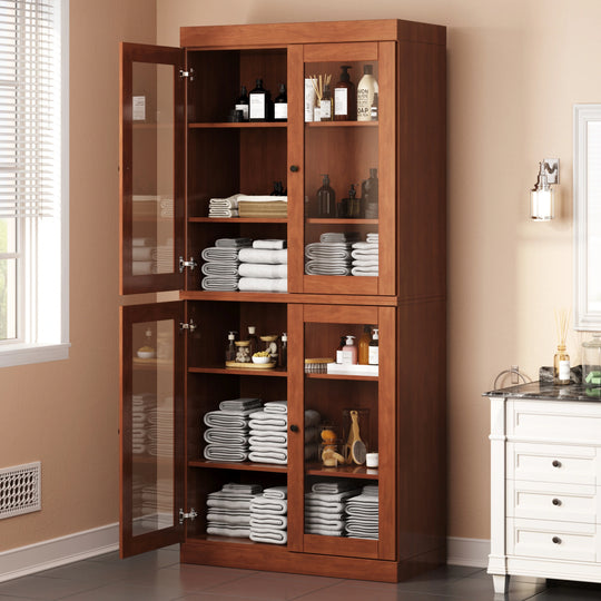 100% Solid Wood Bathroom & Laundry Storage Cabinet, Raised Panel Doors, Adjustable Shelves, 32" Wide, 71.5" Tall