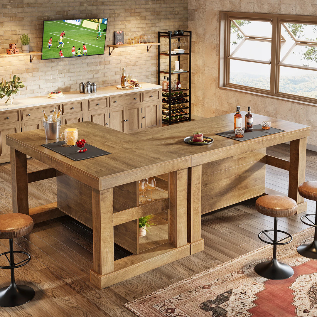 55-Inch Stationary Kitchen Island with Storage Shelves and Large Worktop, Farmhouse Style, Light Brown