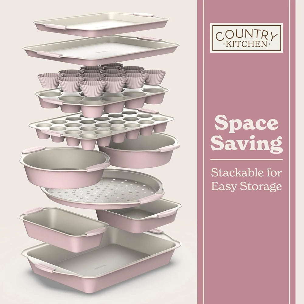 Nonstick Stackable Bakeware Set - Durable, Easy Release Baking Set- 22 Pc. Includes Silicone Muffin Cups