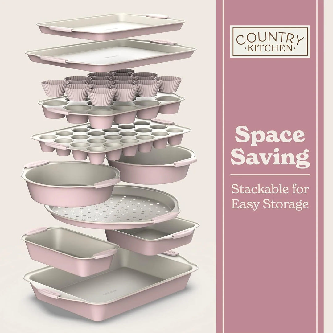 Nonstick Stackable Bakeware Set - Durable, Easy Release Baking Set- 22 Pc. Includes Silicone Muffin Cups