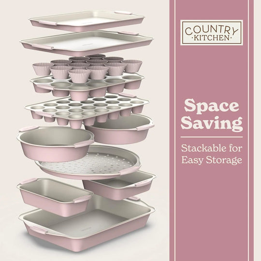 Nonstick Stackable Bakeware Set - Durable, Easy Release Baking Set- 22 Pc. Includes Silicone Muffin Cups