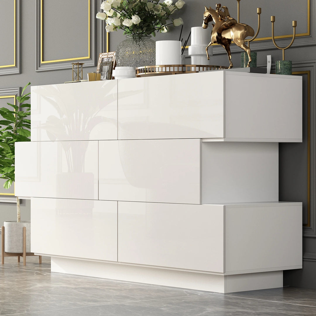 6 Drawers Dresser High Gloss Dresser Chest Off-Set Design Buffet