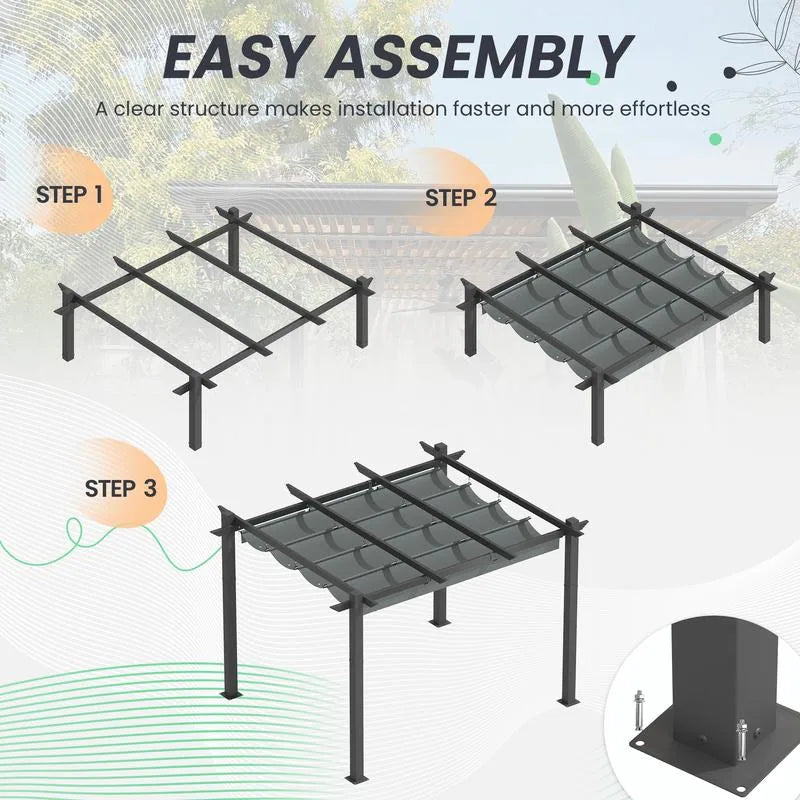 10' X 13' Outdoor Pergola with Retractable Canopy, Heavy-Duty Metal Frame and Adjustable Patio Shade Roof