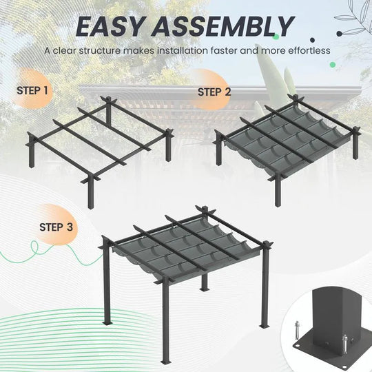 10' X 13' Outdoor Pergola with Retractable Canopy, Heavy-Duty Metal Frame and Adjustable Patio Shade Roof