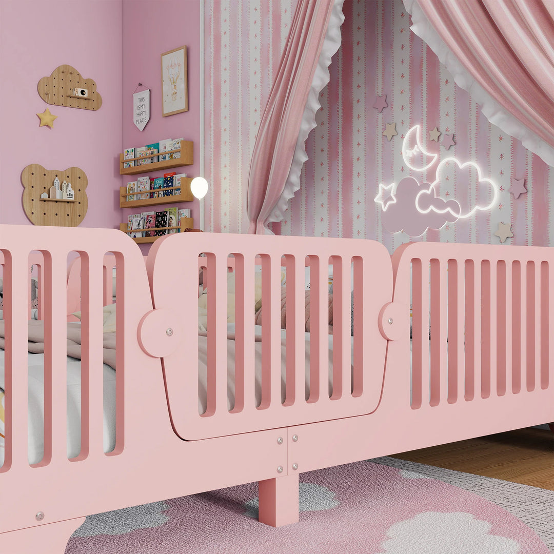 Full Size Montessori Floor Bed Frame with Safety Rails and Removable Door, Low Profile Kids Bed with Slatted Support