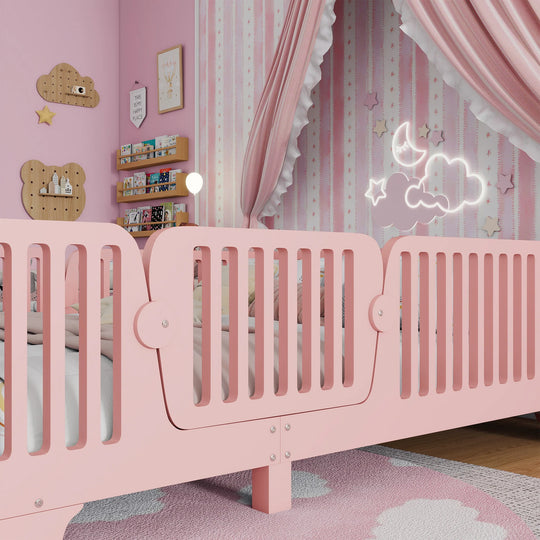 Full Size Montessori Floor Bed Frame with Safety Rails and Removable Door, Low Profile Kids Bed with Slatted Support