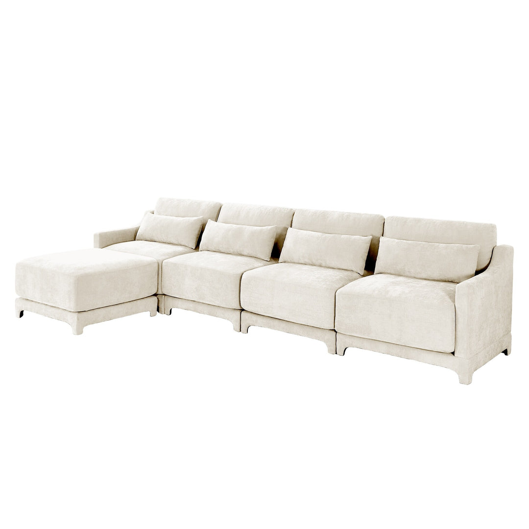 Modern Chenille 4-Seater Sofa with 2 Ottoman, Lumbar Cushions, Ergonomic Backrest, High-Resilience Spongeand Tufted Armrests