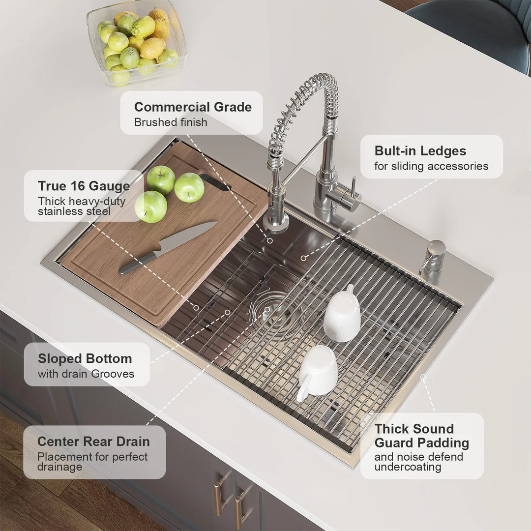 Stillsteel 33 In. Drop-In Single Bowl 18-Gauge Stainless Steel Workstation Kitchen Sink with Accessories