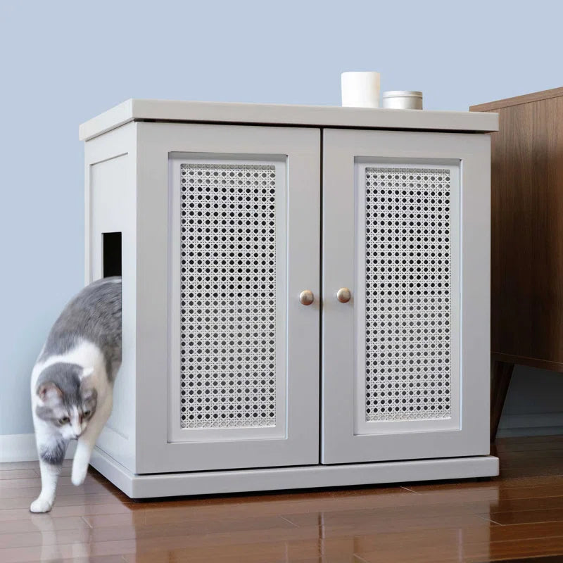 The Refined Litter Box - Wood Cat Litter Box Enclosure Cabinet with Drawer, Cane Style