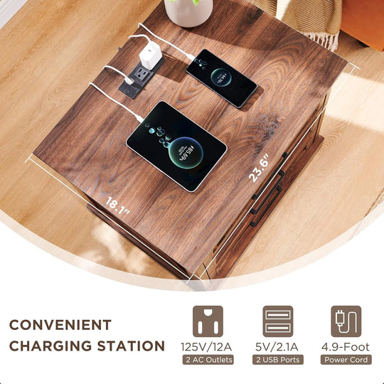 Farmhouse 3-Drawer Nightstand, Wide End Table with Charging Station