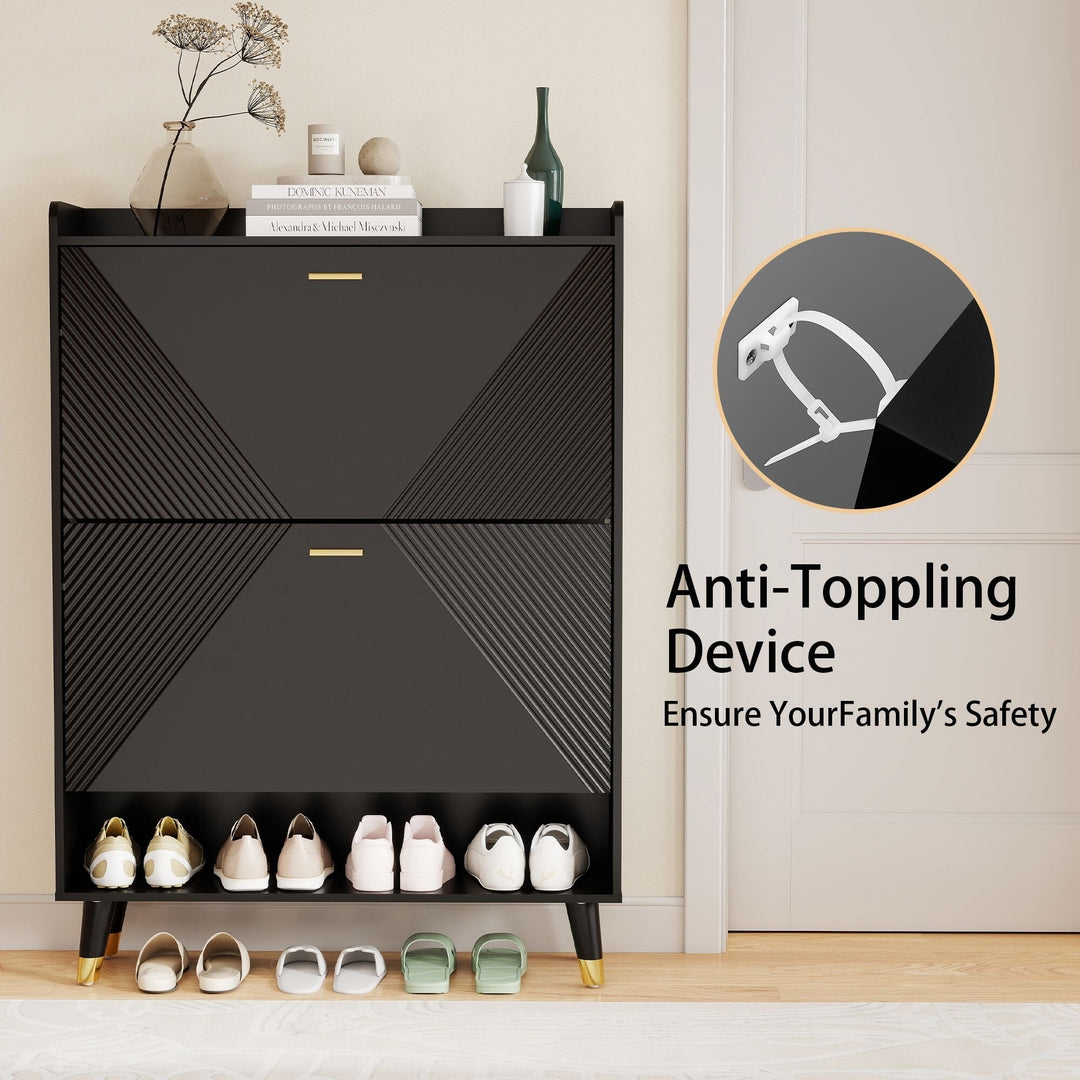 Slim Shoe Cabinet, Fluted Hidden Shoe Storage Cabinet with 2 Flip Drawers