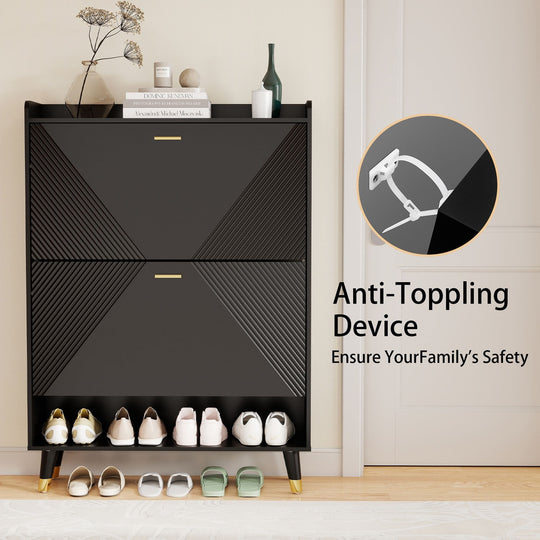 Slim Shoe Cabinet, Fluted Hidden Shoe Storage Cabinet with 2 Flip Drawers