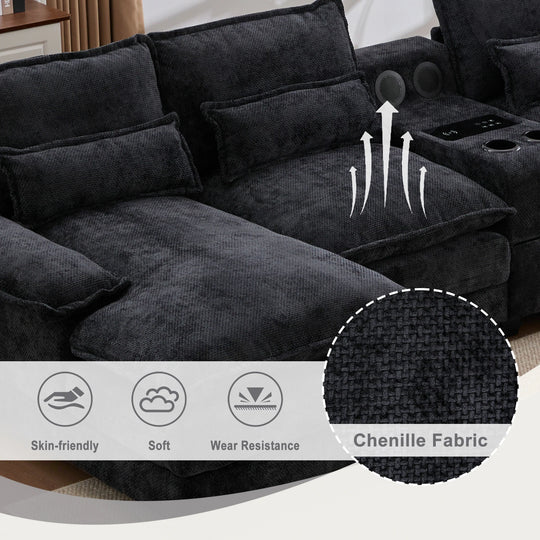 6-Seat Chenille Upholstered Modern U-Shaped Sectional Multifunctional Sofa with 2 Cup Holders,Pull-Out Storage Space