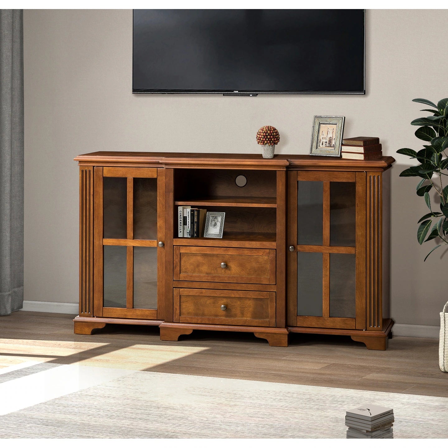Dietrich Rustic Multifunctional Wooden TV Stand with Shelf and 2 Drawers and Sturdy Legs by