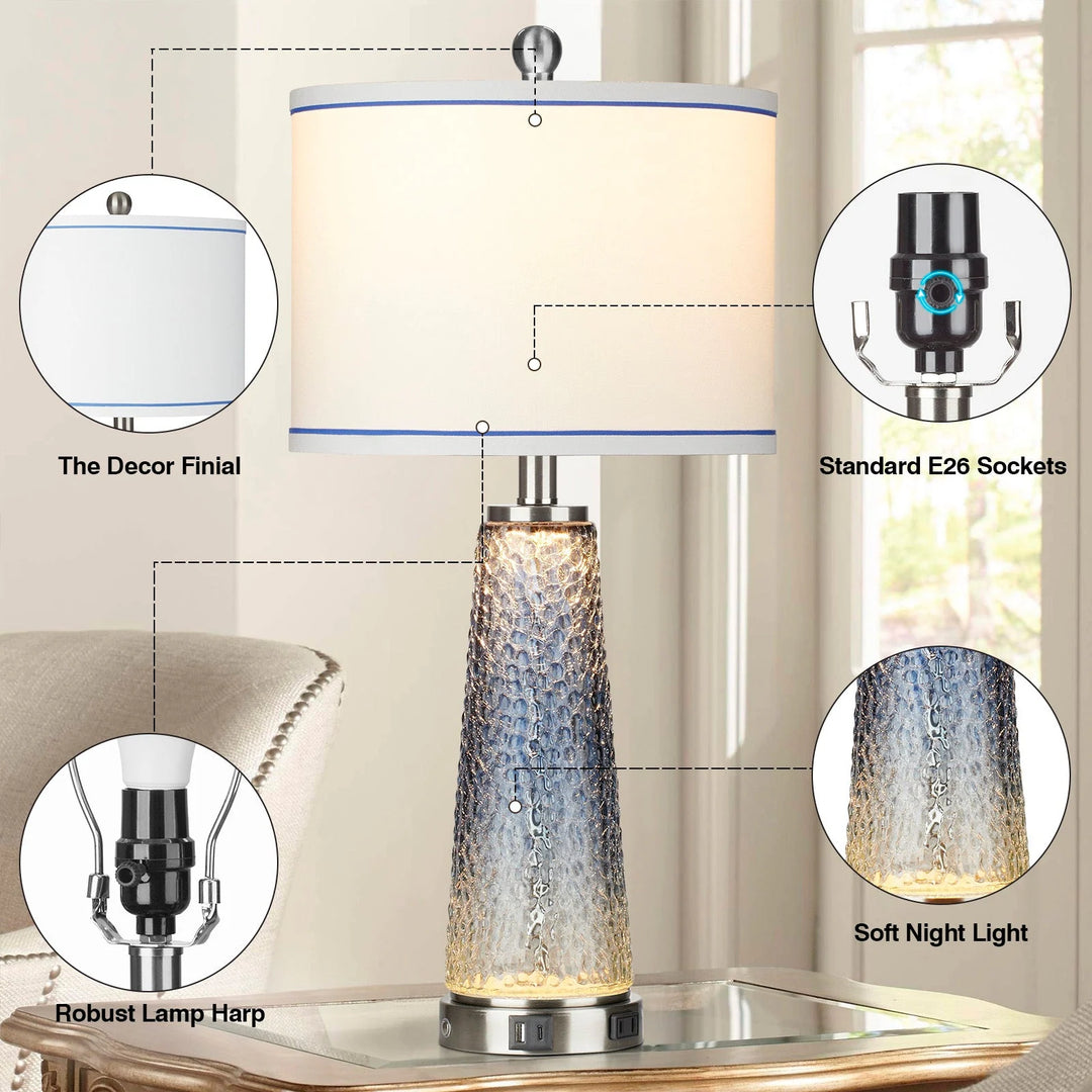 Set of 2 Blue Glass Table Lamps with 2-In-1 Nightlight, USB Ports, and Touch Control