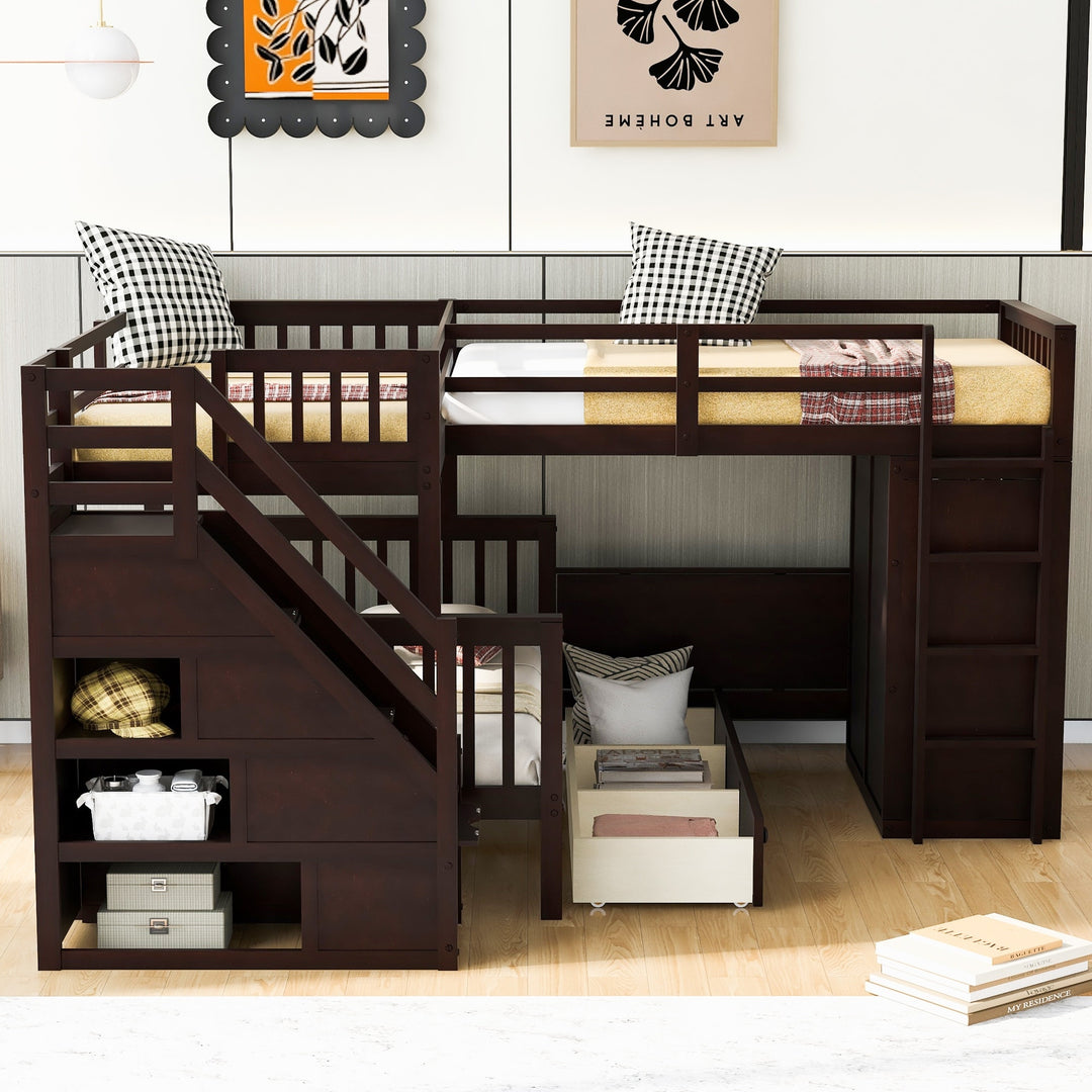 L-Shaped Bunk Bed with Three Drawers, Portable Desk and Wardrobe, Twin-Twin over Full Design