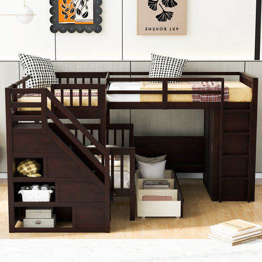 L-Shaped Bunk Bed with Three Drawers, Portable Desk and Wardrobe, Twin-Twin over Full Design