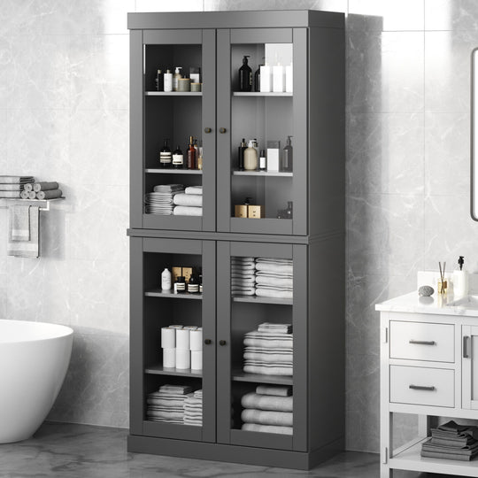 100% Solid Wood Bathroom & Laundry Storage Cabinet, Raised Panel Doors, Adjustable Shelves, 32" Wide, 71.5" Tall