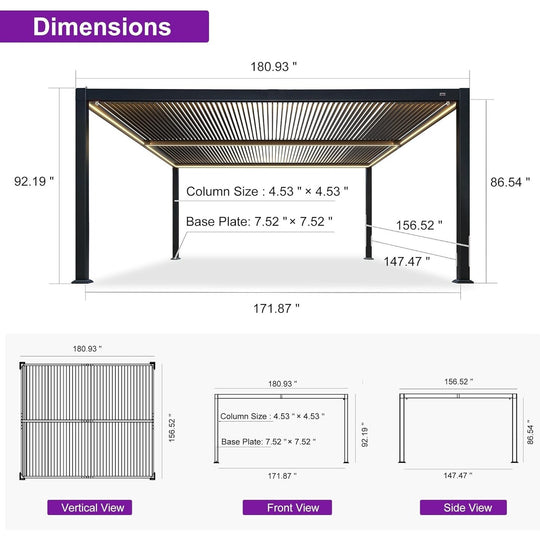 Solar Louvered Pergola with LED String Lights Aluminum Outdoor Pergola with Adjustable Roof for Patio Garden