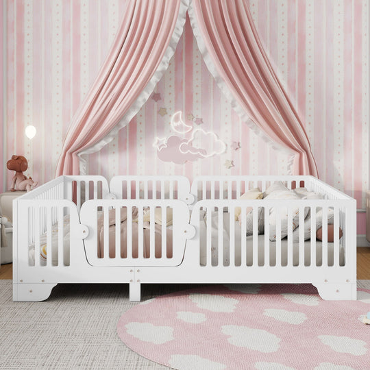 Full Size Montessori Floor Bed Frame with Safety Rails and Removable Door, Low Profile Kids Bed with Slatted Support