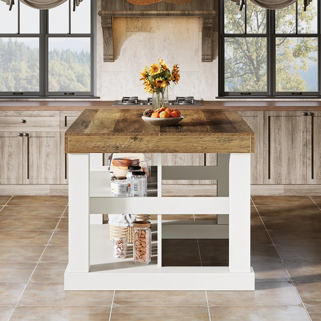 55-Inch Stationary Kitchen Island with Storage Shelves and Large Worktop, Farmhouse Style, Light Brown