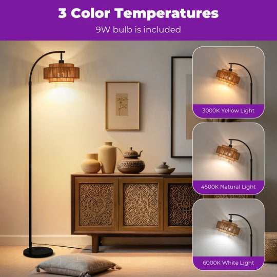Aarzo 69.6" Arched Rattan Floor Lamp with LED Light and Remote Control