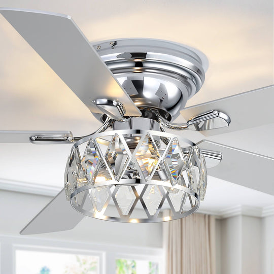 52" Flush Mount 5-Blade Modern Crystal Indoor Ceiling Fan with Light Kit and Remote