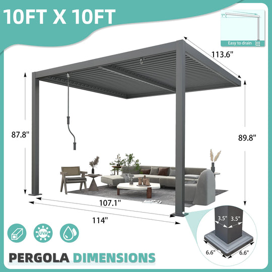 Outdoor Louvered Pergola Gazebo with Adjustable Aluminum Rainproof Roof and Pull-Down Screen