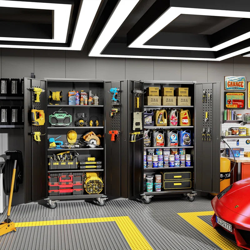 Metal Garage Storage Cabinets with Wheels & Pegboard, 72"H Rolling Storage Cabinet with Lockable Doors and 4 Adjustable Shelves, (72" H×32" W×16" D)
