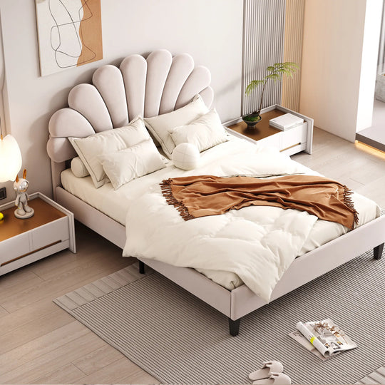 Upholstered Platform Bed with Flower Pattern Velvet Headboard