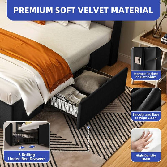 Queen/King Size Velvet Upholstered Bed with Charging Station and Storage Drawers