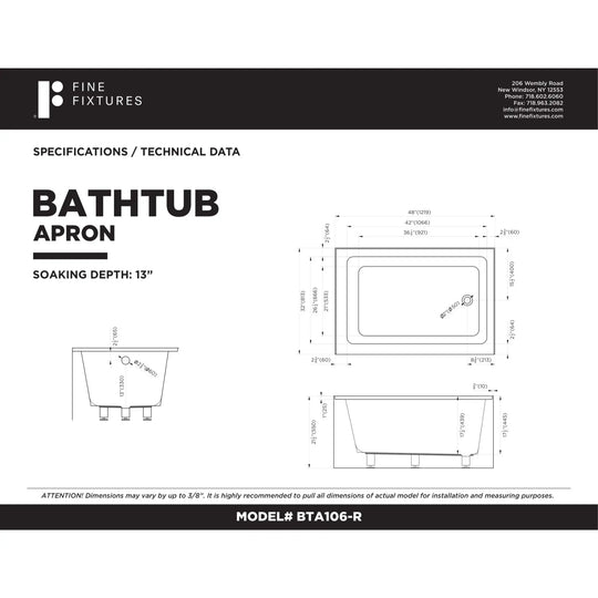Acrylic-Fiberglass Soaking Bathtub, White. Alcove/Apron Front