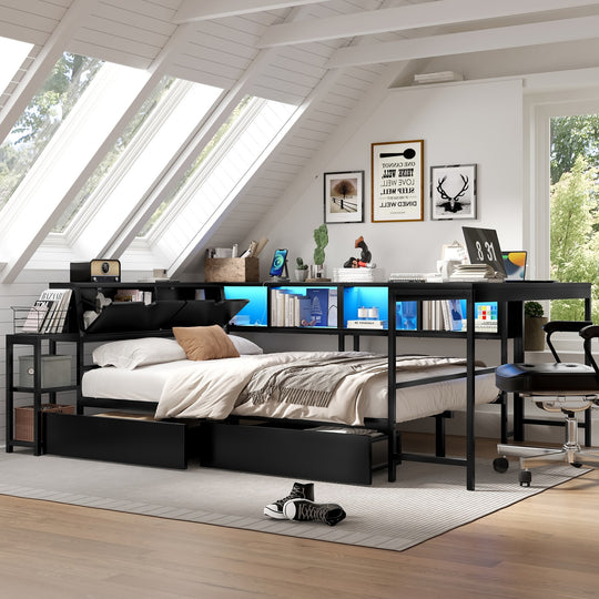 Corner Bed Frame Full Size with Bookcase Two Underbed Storage Drawers LED