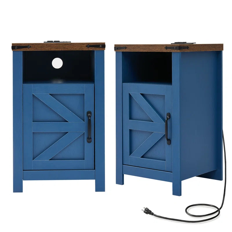 Farmhouse Night Stands with Charging Station, Set of 2, Bedside Table with Barn Door, End Table with Open Storage for Bedroom