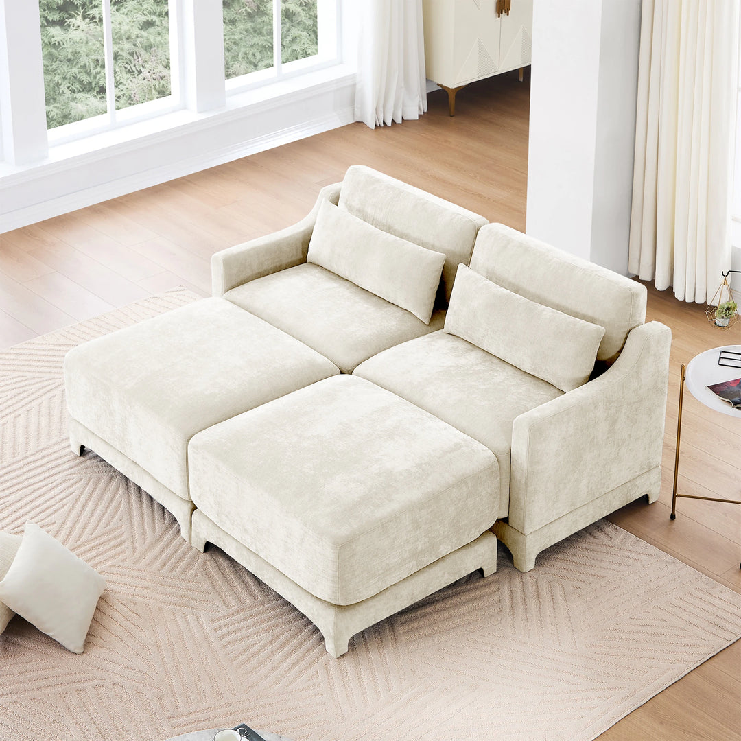 Modern Chenille 4-Seater Sofa with 2 Ottoman, Lumbar Cushions, Ergonomic Backrest, High-Resilience Spongeand Tufted Armrests