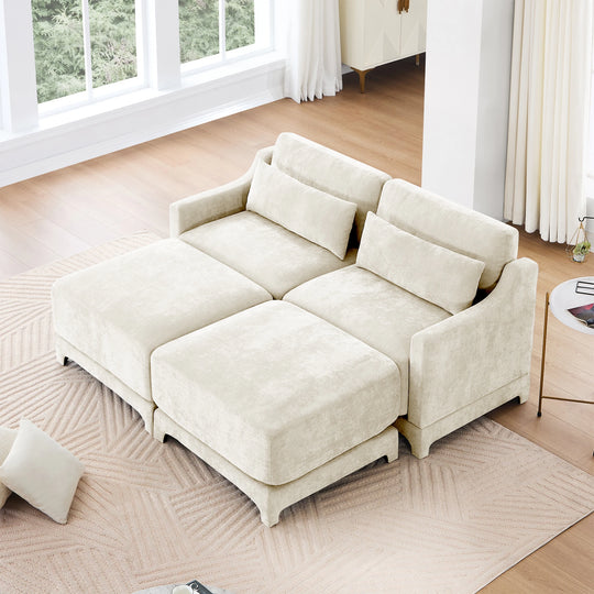 Modern Chenille 4-Seater Sofa with 2 Ottoman, Lumbar Cushions, Ergonomic Backrest, High-Resilience Spongeand Tufted Armrests