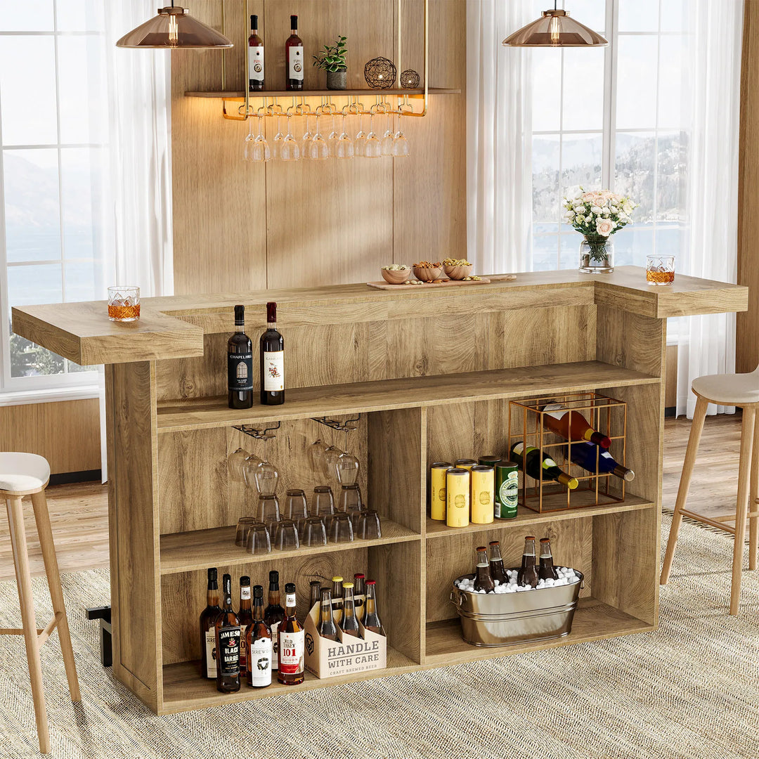 70.9" Wooden Home Bar Table with Wine Glass Holder, Pub Storage Unit Accent Table for Home Patio Basement
