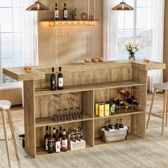 70.9" Wooden Home Bar Table with Wine Glass Holder, Pub Storage Unit Accent Table for Home Patio Basement
