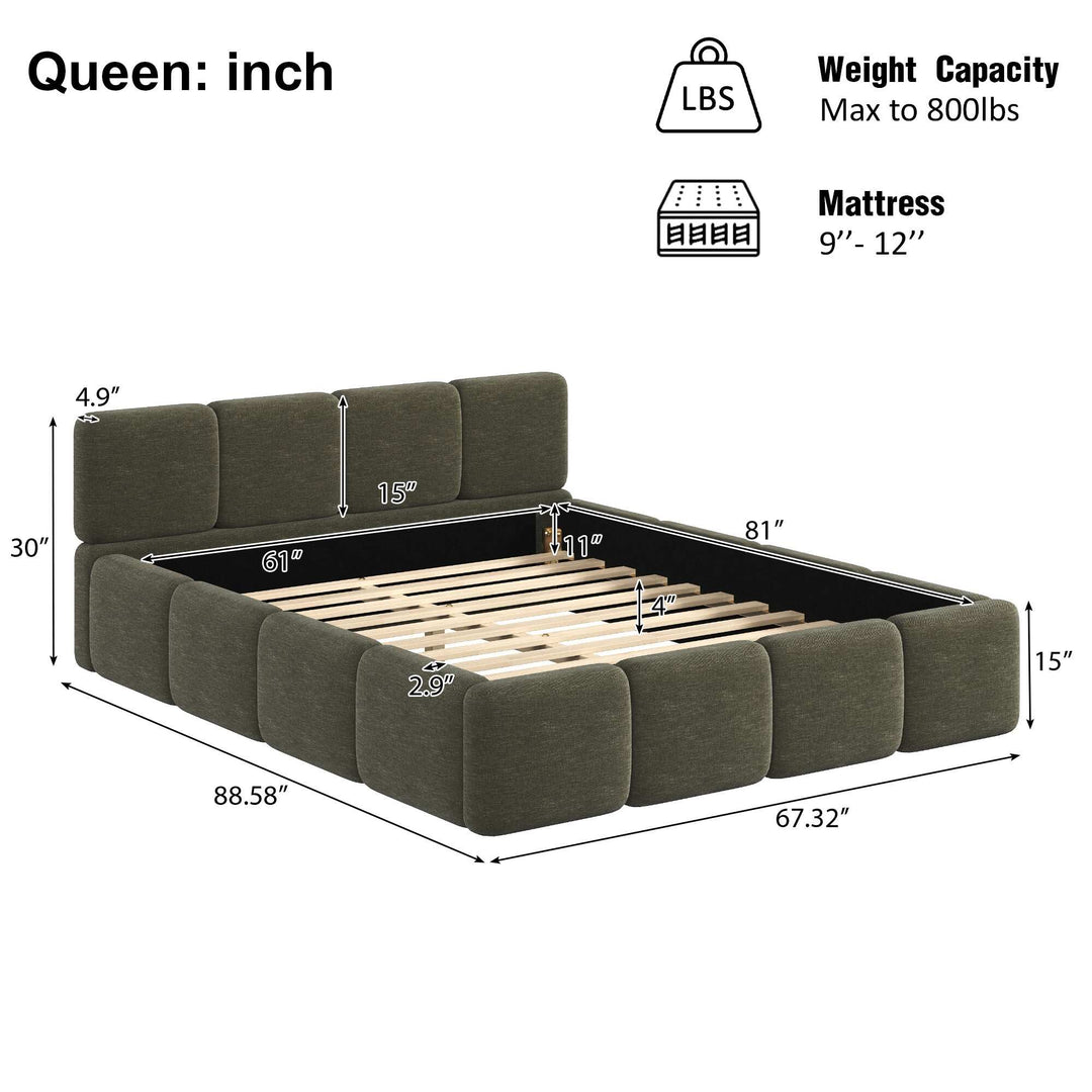 Modern Upholstered Bed Frame Block Style Grounded Bed with Thick Headboard, Lowprofile Wingback Bed Floor Bed Platform Bed Frame