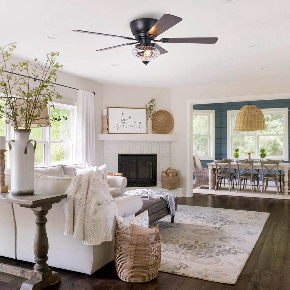 52" Modern Matte Black Reversible Flush Mount Ceiling Fan with Light and Remote - 52 In. D X 52 In. W X 14 In. H